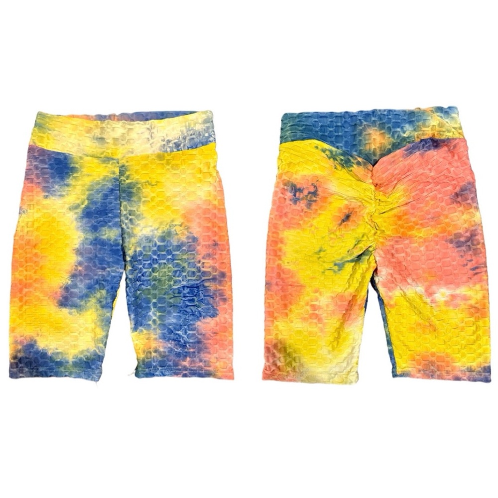 Rainbow Tie Dye Honeycomb Knit Workout Biker Shorts Medium